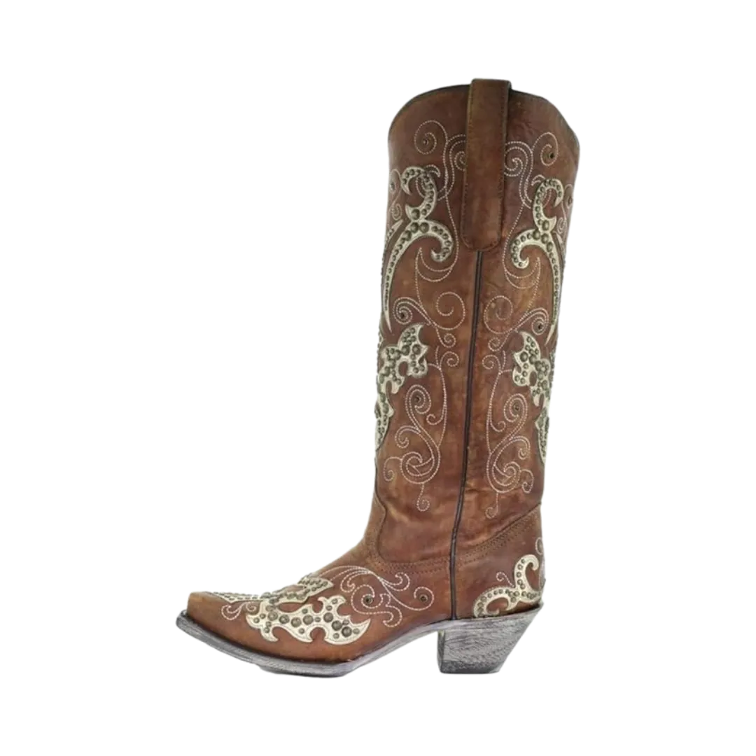 Corral Women's Overlay Embroidery Studs and Crystals Brown Boots