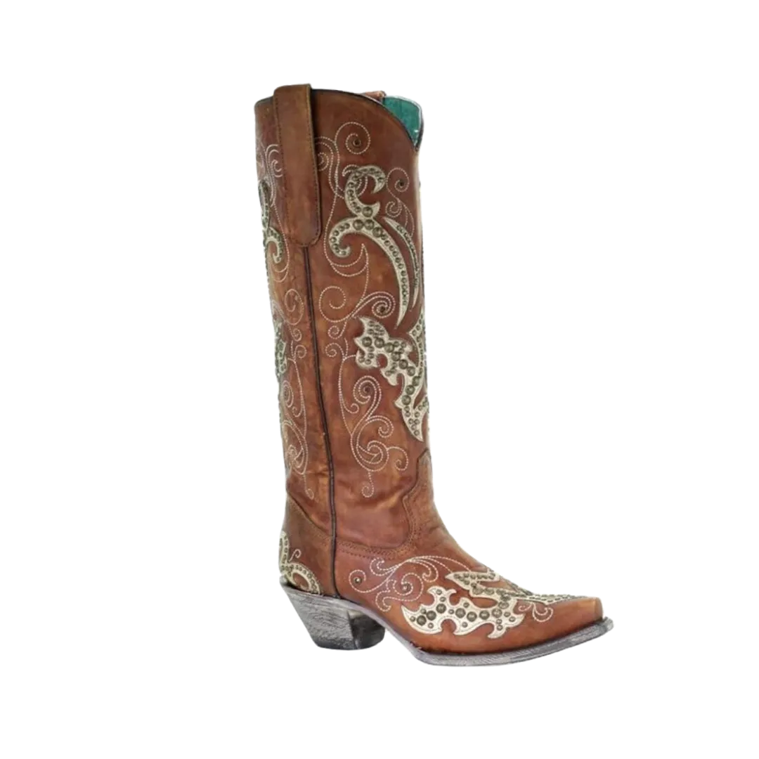 Corral Women's Overlay Embroidery Studs and Crystals Brown Boots