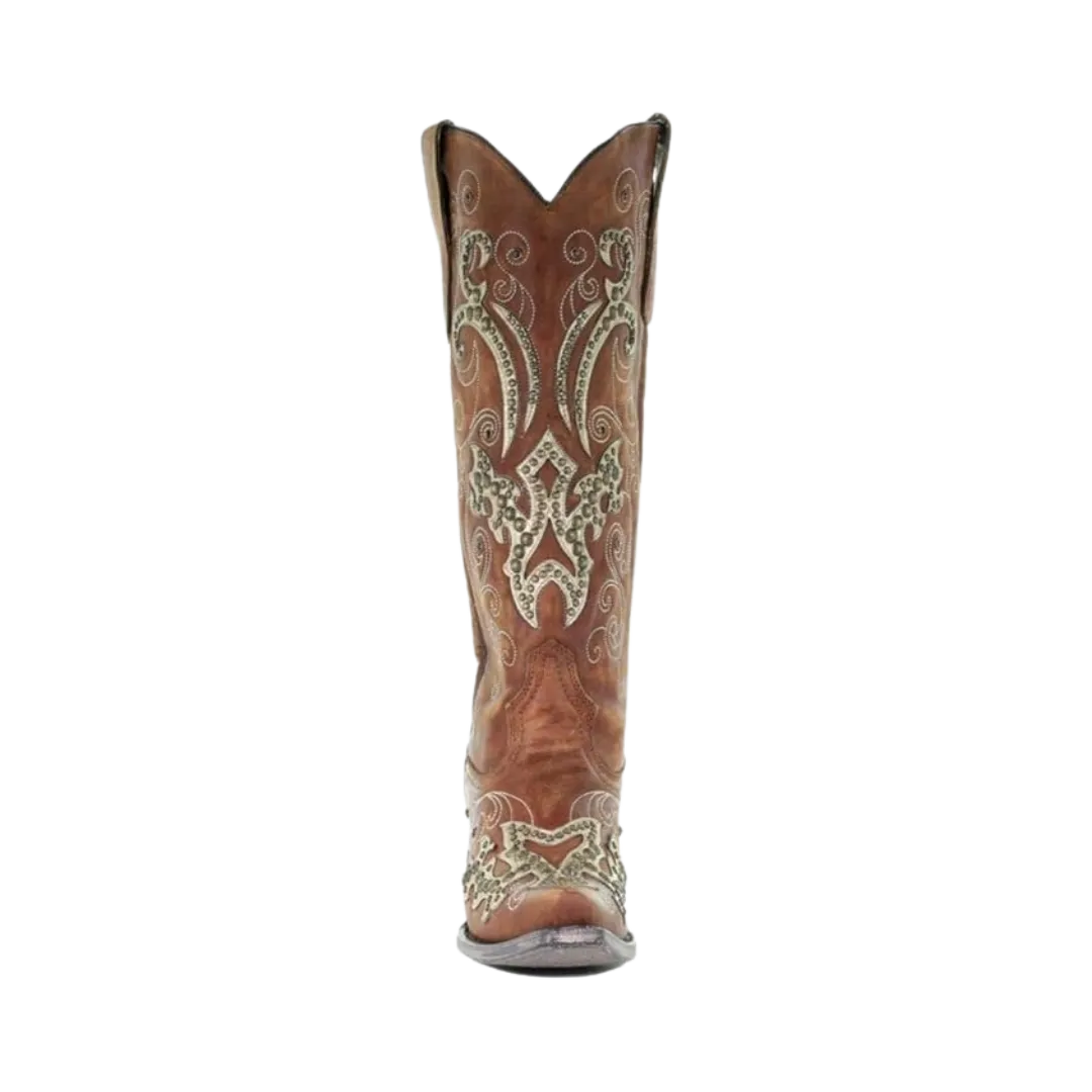 Corral Women's Overlay Embroidery Studs and Crystals Brown Boots