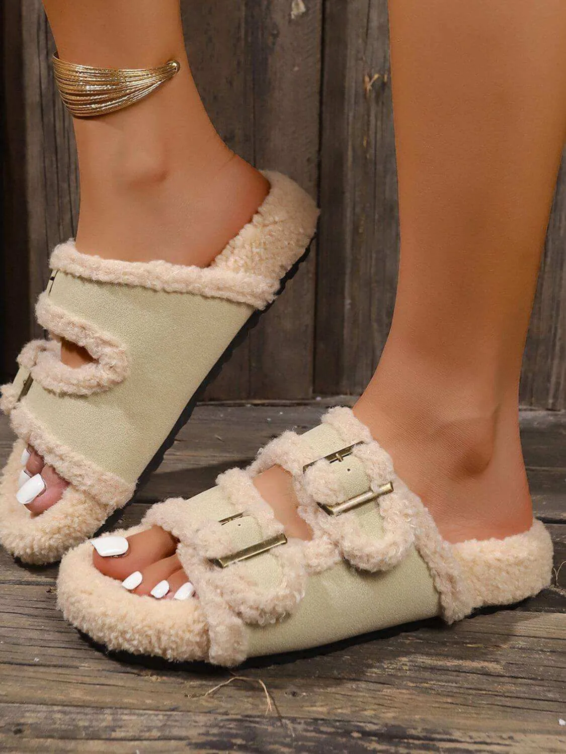 Fluffy Contrast Open Toe Slippers