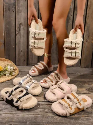 Fluffy Contrast Open Toe Slippers