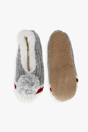 Ladies Rib Knit Slipper With Oversized Thick Yarn Pom