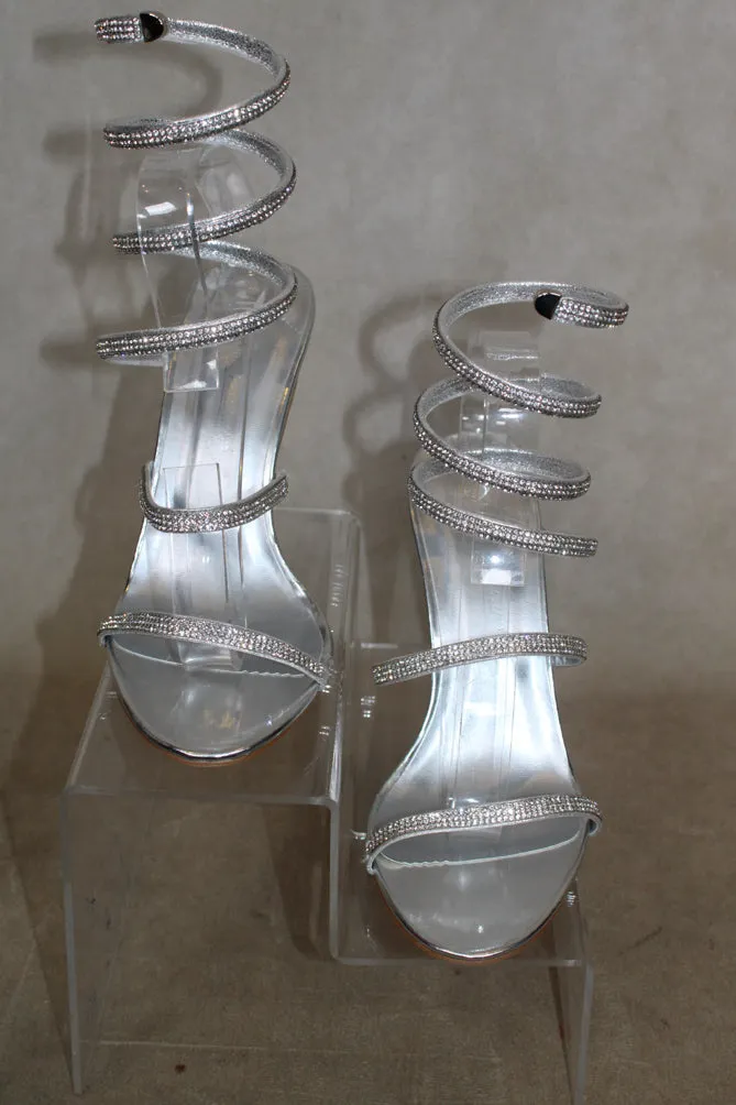 Silver Heeled Stretchy Diamante Strap Around Leg