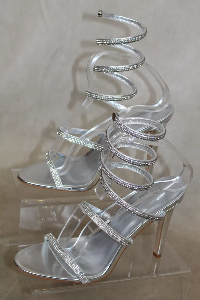 Silver Heeled Stretchy Diamante Strap Around Leg