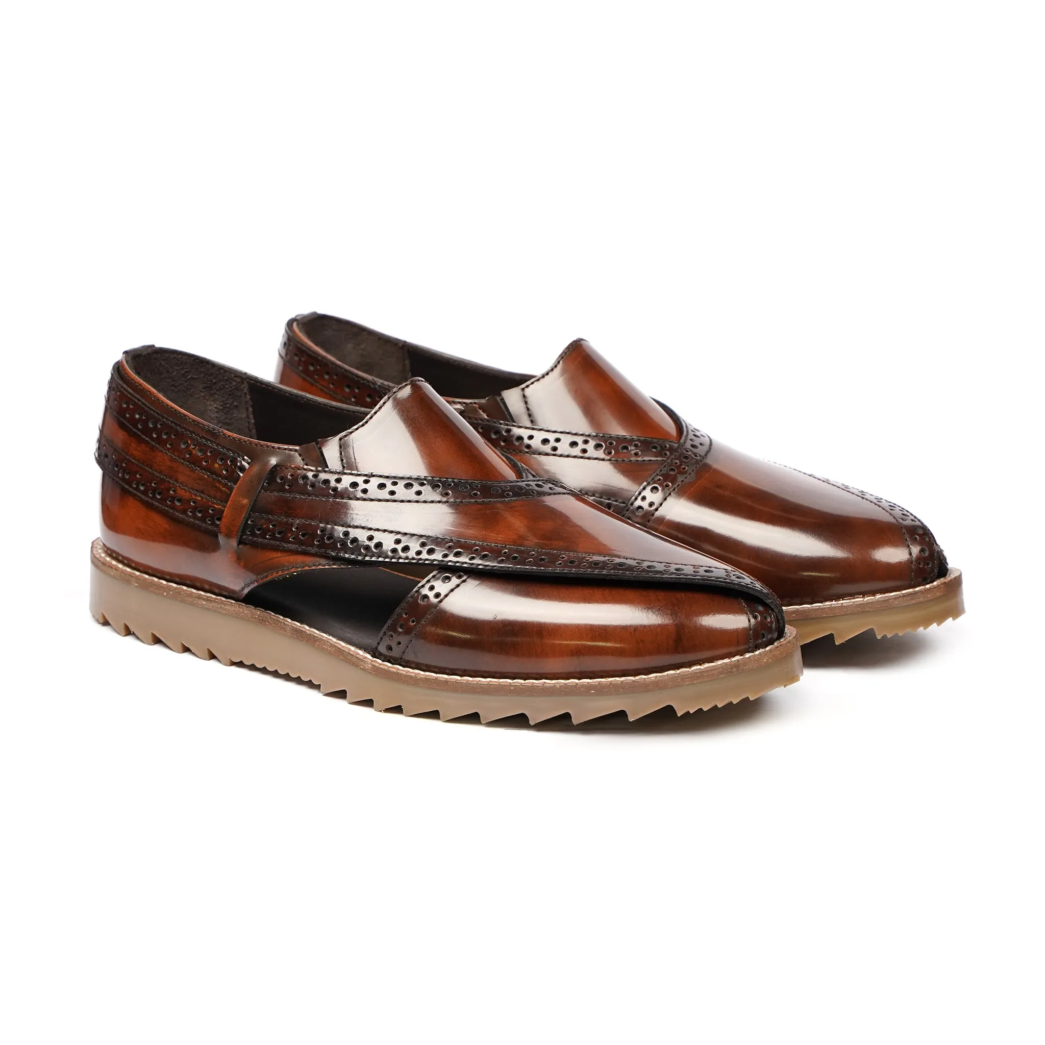 Zakuro - Men's Burnished Brown Box Leather High Shine Sandal